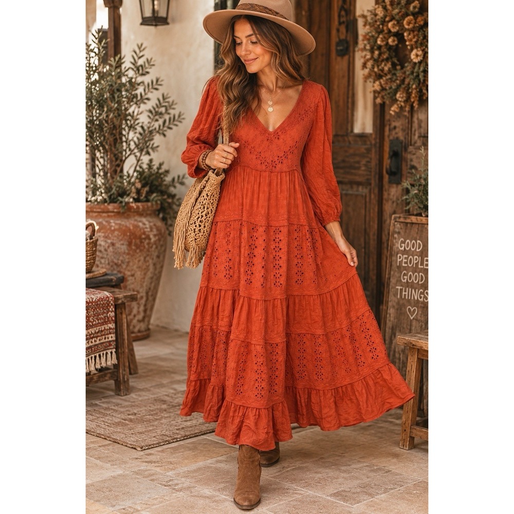 Free People Mockingbird Eyelet Tiered Maxi Dress Size XS Rust Orange Boho Chic